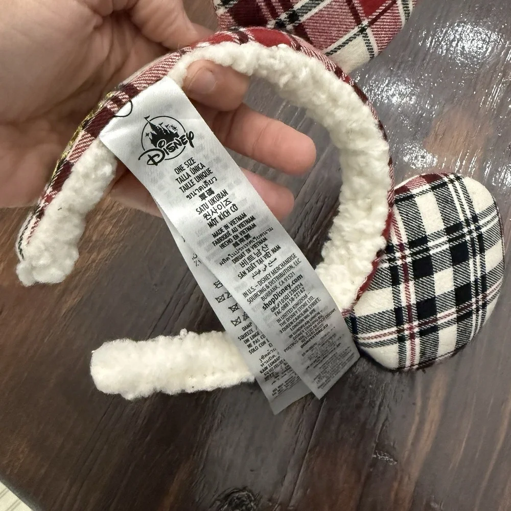 Disney Parks Mickey Mouse Plaid Sherpa Ear Headband‎ Red White Holiday Christmas